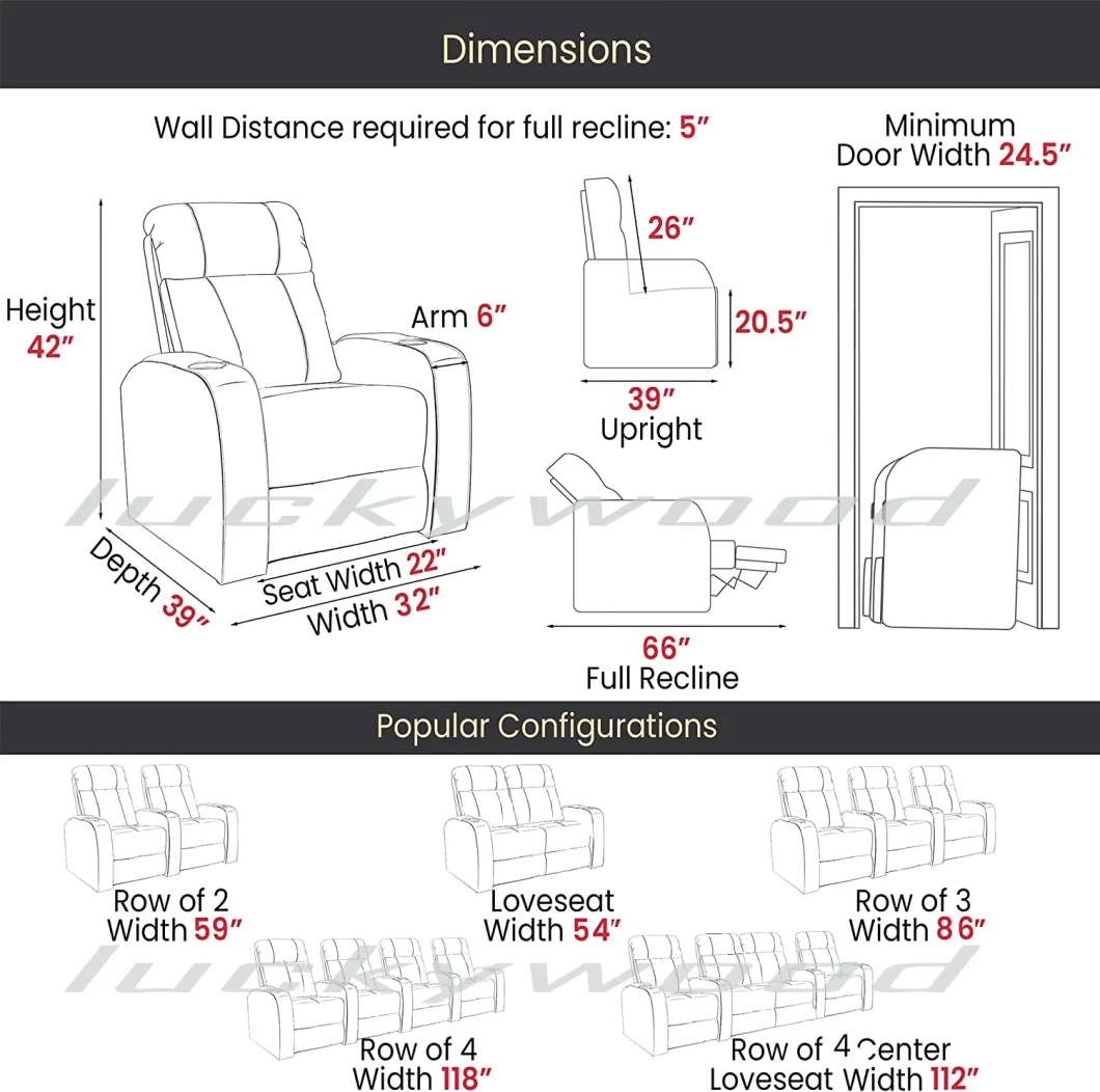 Custom Home Theater Chair with Leather or Fabric in Electric Recliner
